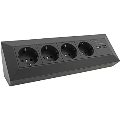 Afbeelding van ChiliTec Keukenhoekstopcontact met dubbel USB stopcontact, 4 stopcontacten, 2 poorten 3,1 A, 90 graden hoek, 230 V, hoekmontage voor keukenwerkblad, zwart