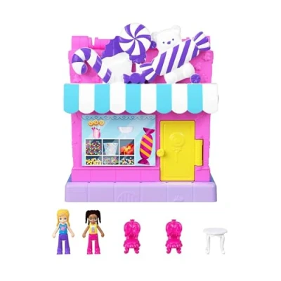 Afbeelding van Polly Pocket Pollyville Snoepwinkelset met 2 poppen, waaronder en je beste vriendin, 3 accessoires, speellagen, speelgoed voor kinderen, vanaf 4 jaar, HNB03