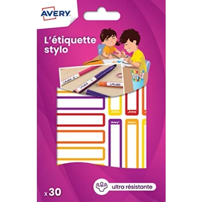 Afbeelding van Avery 30 duurzame zelfklevende etiketten voor het markeren van pennen, potloden, viltstiften. Perfect school, kleuterschool, universiteit. Geel/oranje ontwerp