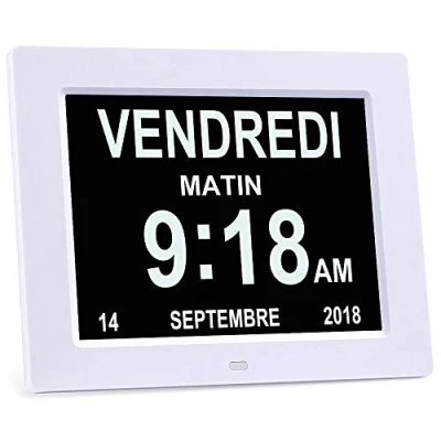 Afbeelding van 8 inch LCD digitale klok kalender met datum, dag en tijd, Alzheimer klok, voor senioren, het is ouders (wit)