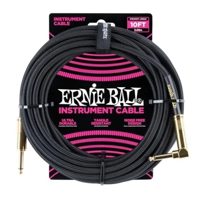 Afbeelding van Ernie Ball 6081 geweven gitaar kabel 3 meter zwart 1x haaks, recht jack 6,35 mm