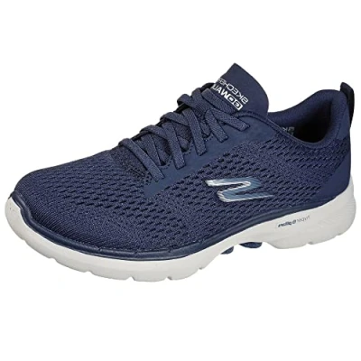 Afbeelding van Skechers Go Walk 6 Bold Vision Hardloopschoenen voor dames, Marineblauwe stof met witte rand.