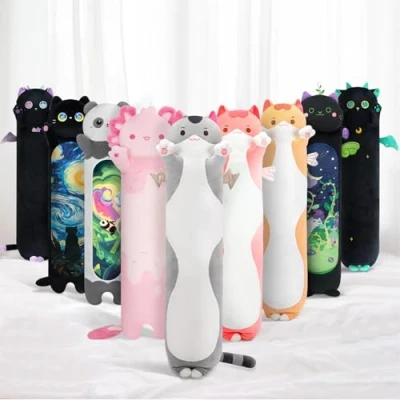 Afbeelding van Mewaii Kawaii pluche kussen, 90 cm, lang grijs, kat, voor kinderen, dieren, pop, speelgoed, schattig, pluizig, comfort, cadeau 3 jaar en ouder