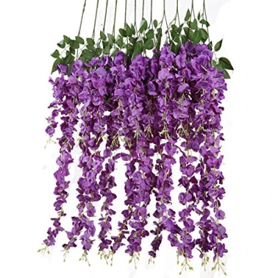 Afbeelding van 12 STKS 3.6feet Kunstbloemen Realistische Kunstmatige Zijde Romantische Hangend In Wijnstok voor Bruiloft Decoraties Home Garden Party Decor Paars
