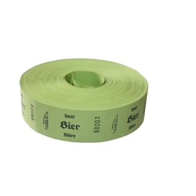 Afbeelding van TAMLED rol drietalige groene biertickets, 1 met 1000 geperforeerde sloop, traploos genummerd, voor catering, festival, dranken, evenementen, evenementen