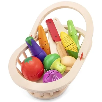 Afbeelding van New Classic Toys Speelgoedeten en drinken Houten Speelgoed Groentemand Inclusief 8 groentensoorten
