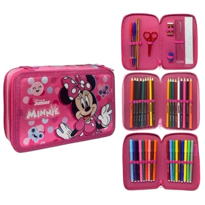 Afbeelding van CARTOON Trousse 3 zip complet 44 pièces pour l&#039;école multi compartiments stylos crayons couleurs marqueurs Giotto, Minnie., Moderne
