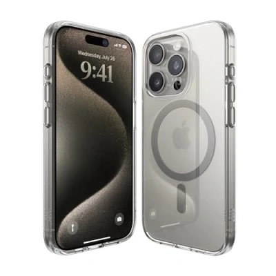 Afbeelding van elago Magnetische hybride transparante hoes, compatibel met iPhone 15 Pro, MagSafe oplader, PC+TPU technologie, Amerikaanse militaire valbescherming (middengrijs)