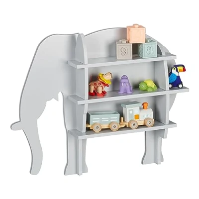 Afbeelding van Relaxdays kinderkast olifant 3 planken wandrek kinderkamer kinderboekenkast open