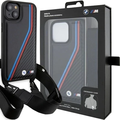 Afbeelding van BMW M Carbon Tricolor met Strap Geschikt voor Apple iPhone 15 Plus (6.7&quot;) Zwart