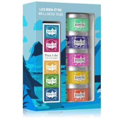 Afbeelding van Kusmi Tea Set &quot;Les Wellnes&quot; + theetang assortiment biologische thee cadeau idee voor dames en heren groene thee, detox infusie gemaakt in Frankrijk 5 dozen van 25 g