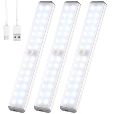 Afbeelding van Kastlamp, 28 leds, lamp met bewegingsmelder, haak en lijm, magneetstrip, oplaadbaar via USB, voor trap, kast, ingang, wit, binnen, PIR