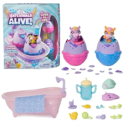 Afbeelding van Hatchimals Alive Maak een Plons Speelset met 15 accessoires badkuip 2 van kleur veranderende minifiguren in eieren die zelf uitkomen