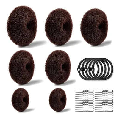 Afbeelding van 7 stuks haaraccessoires met 4 elastische haarbanden en 10 haarspelden, ringvormig haar, voor brede, middelgrote kleine knotjes (bruin)