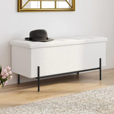 Image de Banc coffre rangement LOUIS pieds métal noir 100 cm tissu bouclette blanc IDMarket