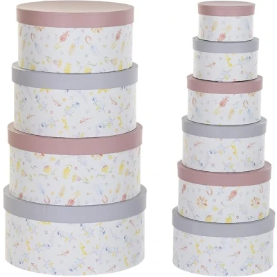 Afbeelding van Set van opstapelbare opbergboxen DKD Home Decor Blommor Strepen Blauw Lila Wit Multicolour Karton...