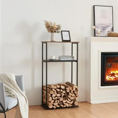 Afbeelding van Brandhout rek Turku houtopslag 112x60x30 cm zwart en houtkleurig donker