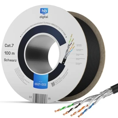 Afbeelding van Hb digital Cat 7 installatiekabel, outdoor, zwart, AWG23/1 PE S/FTP, dubbel afgeschermd PIMF, zuiver koper, 1000 MHz, 10 Gbit, netwerkinstallatie, voor buiten