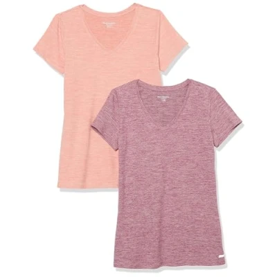 Image de Amazon Essentials T shirt Tech à manches courtes et col en V, extensible (disponible grande taille) Dames, 2 Pack, Prune Teinture Spatiale/Rose Saumon Spatiale, M