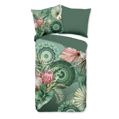 Afbeelding van Dekbedovertrek 200x200 cm Mandala&#039;s en Bloemen Print Groen/Roze 2 Persoons 100% Katoen Flanel