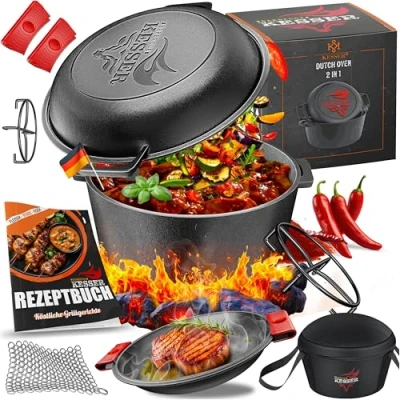 Afbeelding van Dutch oven, 2 in 1 gietijzeren braadpan 4,8 l en koekenpan 1,8 l, gebruiksklaar ingebrand, incl. kookboek (mogelijk niet beschikbaar het Nederlands), stoofpan, deksel met dubbele functie als / koekenpan, voor keuken, camping, tuin, BBQ, bak