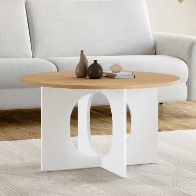 Image de Table basse ronde ALOISE pied arc bois et blanc 70 cm IDMarket