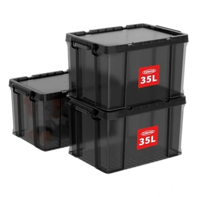 Afbeelding van 35 x 3 plastic opbergdozen met heavy duty deksels en veilige vergrendelingsgespen, stapelbaar pack helder zwart zwarte gesp