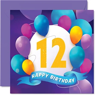 Afbeelding van verjaardagskaart voor de 12e verjaardag jongens en meisjes ballonnen party verjaardag, broer, zus, zoon, dochter, kleinkind, neef, 145 mm x