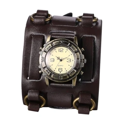 Afbeelding van JewelryWe Polshorloge man jongen wijzerplaat zwart/bruin Bruin band leer breed multi stijlen,