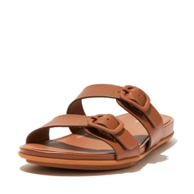 Afbeelding van Fitflop Gracie Rubber Buckle Two bar Leather Slides plateausandalen voor dames, Helder bruin