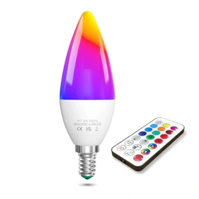 Afbeelding van TobeBright 1 x ledlamp E14 RGB, 3 W, kleurverandering, E14, met afstandsbediening, koudwit, 6000 K + dimbaar, kleurlampen, komt overeen 40 geheugenfunctie en timer