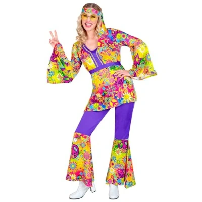 Afbeelding van Widmann Hippie Kostuum Groovy Peace And Love Jaren 60 Style Vrouw Geel, Paars XXL Carnavalskleding Verkleedkleding