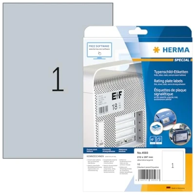 Afbeelding van HERMA 4593 Rechthoek, zilverkleurig, 10 stuks, zelfklevende etiketten (zilver, rechthoekig, A4, universeel, polyester, mat)