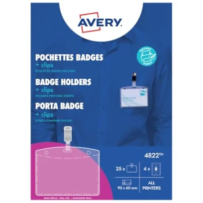 Afbeelding van Badge Avery met clip 4822 60x90mm 25 stuks + 32 insteekkaarten