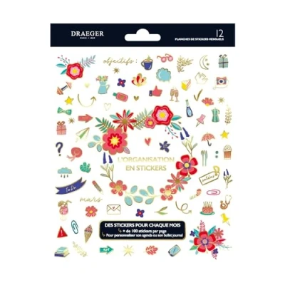 Afbeelding van Draeger Paris Organisatiestickerboek, 12 vellen, 15,5 x 20 cm, 100 stickers en trackers, FSC® gecertificeerd papier, plantaardige inkt