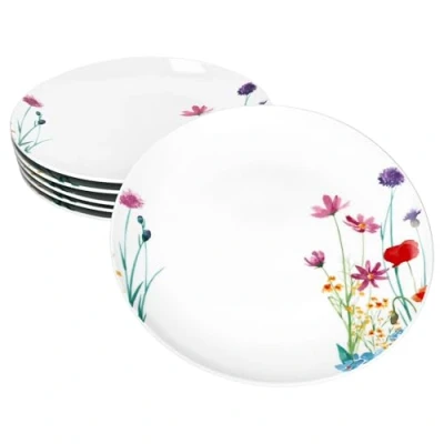 Afbeelding van MamboCat Marie Set van 6 platte borden, diameter 26,7 cm, porseleinen borden met bloemenweidedecoratie, voor personen, grote hoofdmaaltijden, barbecues, enz.