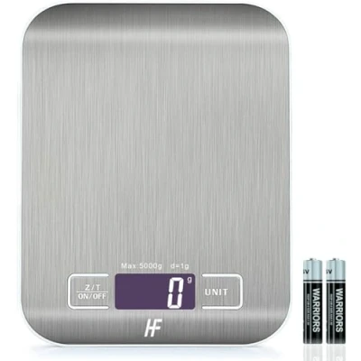 Afbeelding van Digitale keukenweegschaal, voedselweegschaal met roestvrijstalen platform, elektronica lcd display achtergrondverlichting, multifunctioneel voor thuis en kantoor, 5 kg, 1 g