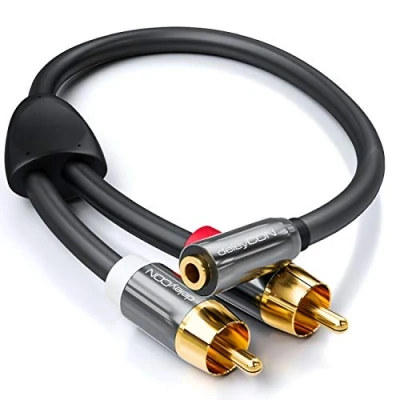 Afbeelding van deleyCON 20 cm audio adapter 3,5 mm jackstekker voor 2 x RCA aansluitingen van metaal geluidsbehuizing laptop smartphone tv dvd zwart