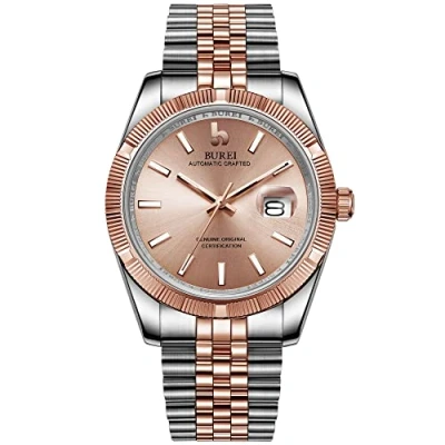 Afbeelding van BUREI Heren Automatische Horloges voor Mannen Weergave 24 Analoge Wijzerplaat Kalender Saffierglas met Roestvrij Stalen Band Twee Tone, Roze zilver, Armband