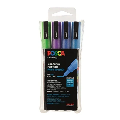 Afbeelding van Posca paintmarker PC 3M, set van 4 markers, glitter, paars groen lichtblauw donkerblauw