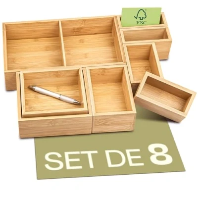 Afbeelding van Lade organizer, 8 delig, opslag van duurzaam bamboehout, FSC, met antislip pads, voor badkamer en kantoor