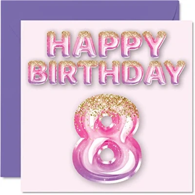 Afbeelding van Verjaardagskaart 8 jaar voor meisjes, roze en paarse glitterballonnen, verjaardagskaarten dochter, zus, kleindochter, neef, 145 mm x
