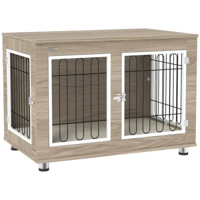 Afbeelding van PawHut Hondenkooi voor binnen, multifunctionele bijzettafel met dubbele deur en kussen, hondenhok middelgrote grote afmetingen, 90 x 58 65 cm
