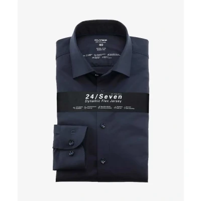 Afbeelding van OLYMP Level 5 Overhemd 24/Seven Marine Blauw maat 45 Heren Overhemden Formeel Effen met Slim fit Pasvorm Super stretch