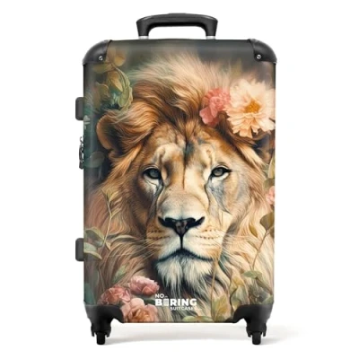 Afbeelding van NoBoringSuitcases.com® Koffer groot Rolkoffer lichtgewicht Leeuwenkop omringd door bloemen Reiskoffer met 4 wielen Grote trolley XL 20 kg bagage