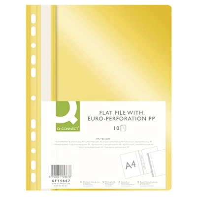 Afbeelding van Q CONNECT KF15667 10 stuks gele A4 kunststof mappen met opschriftrepen, transparant deksel, geperforeerd, geperforeerd