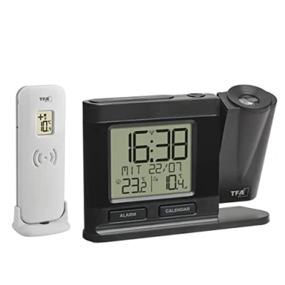 Afbeelding van TFA Dostmann Radiogestuurde wekker 60.5018.01 met buitenzender, digitaal, voeding, 270 projectie, dimbaar, slaapkamerklok, zwart, (L) 149 x (B) 38