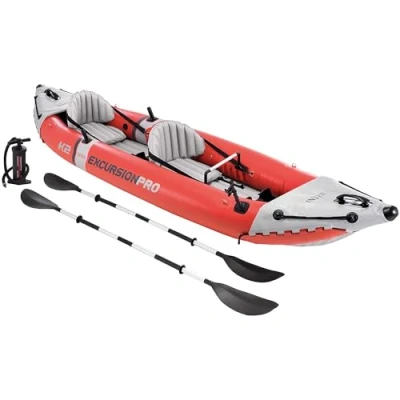 Afbeelding van Intex Excursion Pro Opblaas Kayak Rood/Grijs 384 x 94 46 cm Handpomp 2 Personen Max. 180 kg Stevig Materiaal Met Voetsteunen Comfort