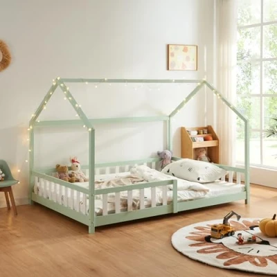 Afbeelding van [en.casa] Hutbed voor kinderkamer, tweepersoonsbed in huisvorm, met standaard lattenbodem en beschermende barrière grenenhout, multiplex, 140 x 200 cm, mintgroen