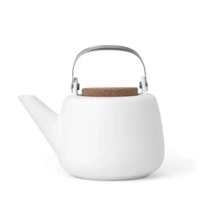 Afbeelding van Viva Scandinavia Porseleinen theepot met handvat, roestvrijstalen zeefje, druppelvrije tuit, losse thee, bladthee 1,2 l, zwart wit